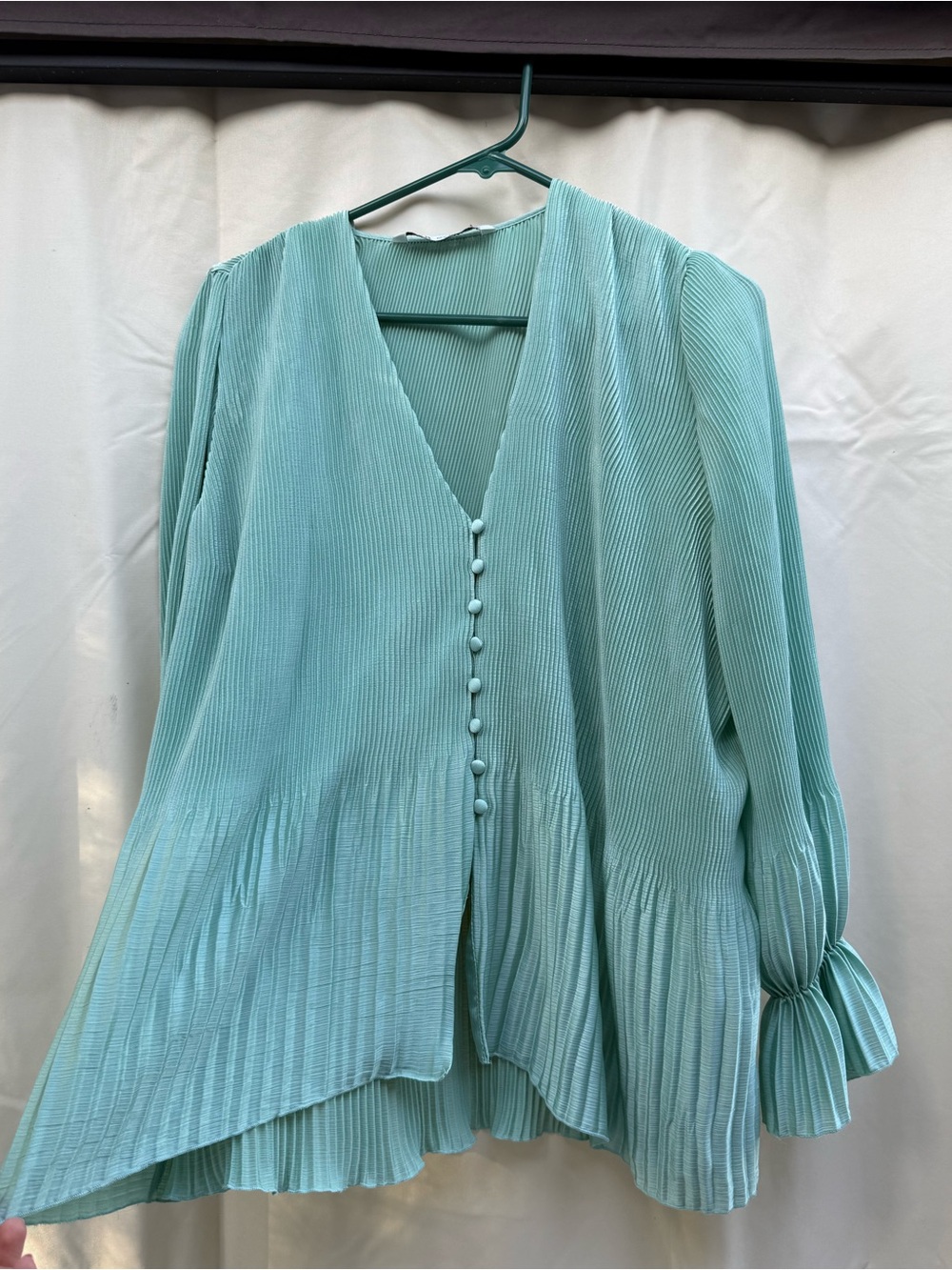 Zara Mint Green Pleated V-Neck Blouse